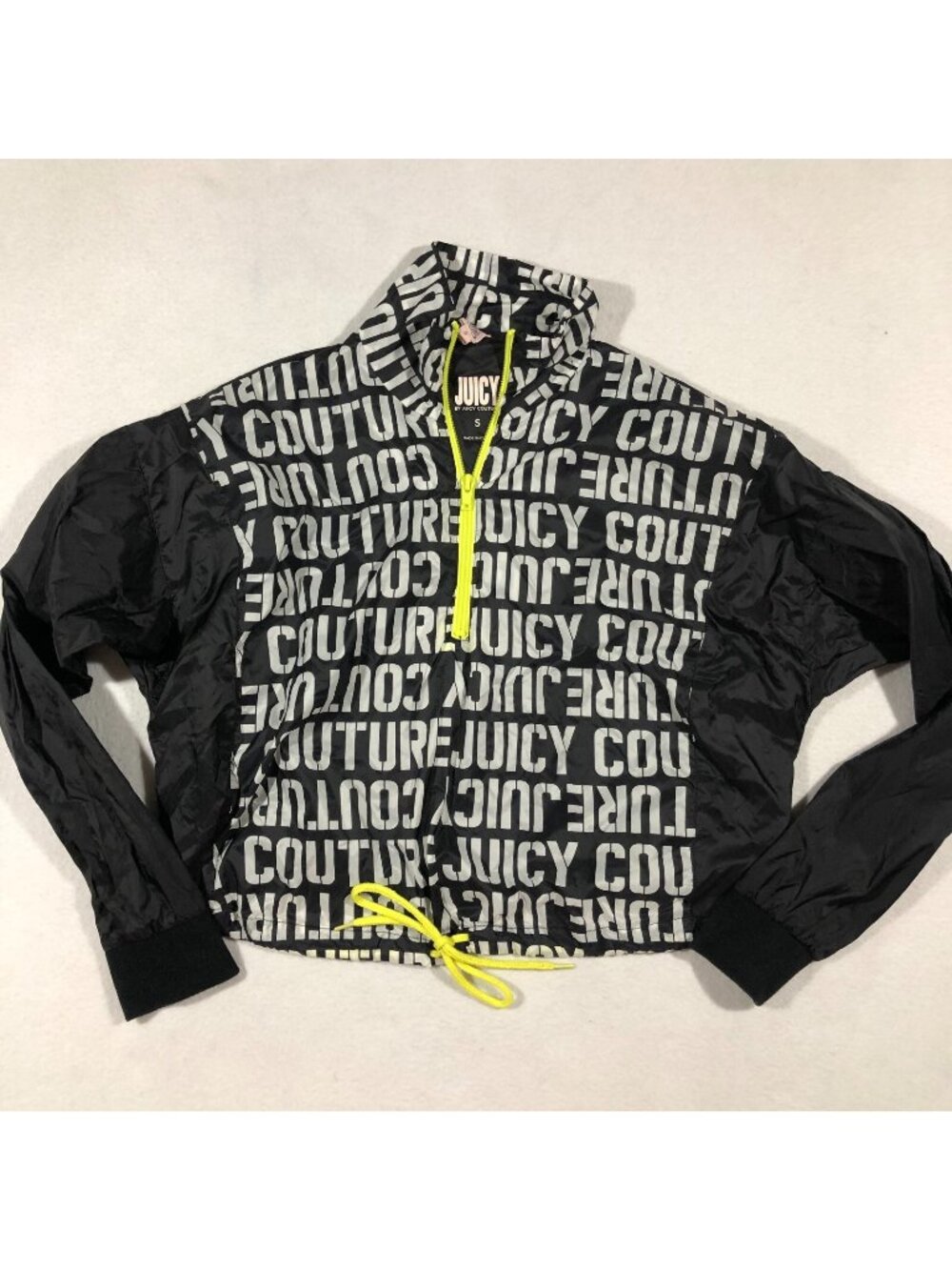 Juicy Couture Jacket Womens Small Graphic Cropped Windbreaker Jacket Black Neon